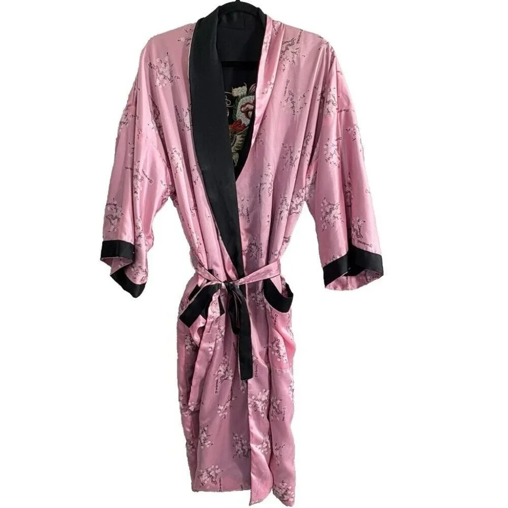 JAPANESE Women Reversible Embroidered Dragon Kimono Robe One SZ Black‎ Pink 65-3